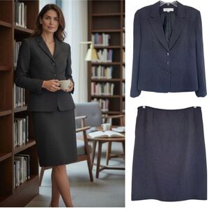 Vintage Executive Suit 2 Pc Dress Blazer Skirt Set Tahari Navy Blue Dots Size 18